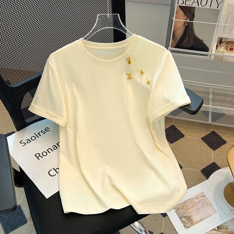 2024 Summer New Chinese Style button Short Sleeve T-shirt Women's loose Waist Top Short Sweet Spicy Girl Sweet Little Shirt chic