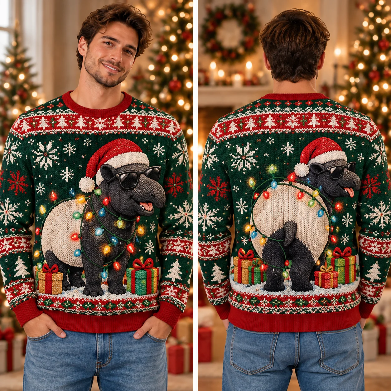 3D Printed Faux Knitted Look Christmas Sweatshirt Country Animal Graphic Ugly Xmas Crewneck Holiday Party Casual Gift Pullover