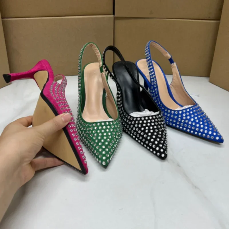 Bombas de diamantes de imitación de lujo para mujer, zapatos de tacón alto con punta estrecha, elegantes y sexys, para fiesta de boda y oficina