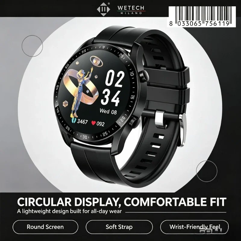 Reloj Inteligente Redondo para Hombre con Carga Magnética Rápida y Pantalla Táctil WETECH WX11, Llamadas Bluetooth con Micrófono Incorporado, Dispositivo Multideportivo, Detecta Oxígeno en Sangre, Frecuencia Cardíaca y Conteo Diario de Pasos