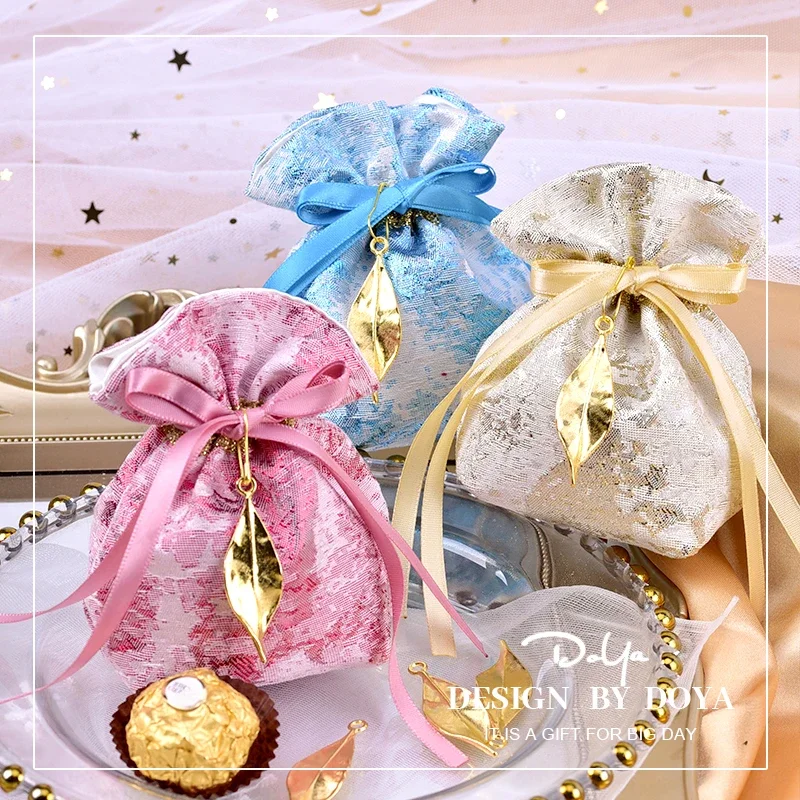 Luxury Creative Candy Bag Wedding Gift Wedding Candy Jewelry Box Small Gift Packaging Pouches Wdding Supplies With Golden Leaf