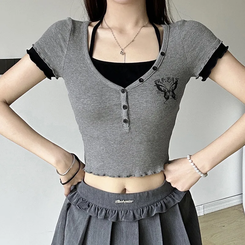 

Casual Patchwork Contrast Color Cropped T Shirt Basic Halter V-Neck Short Sleeve Tees Women 2024 Summer Fashion Ladies