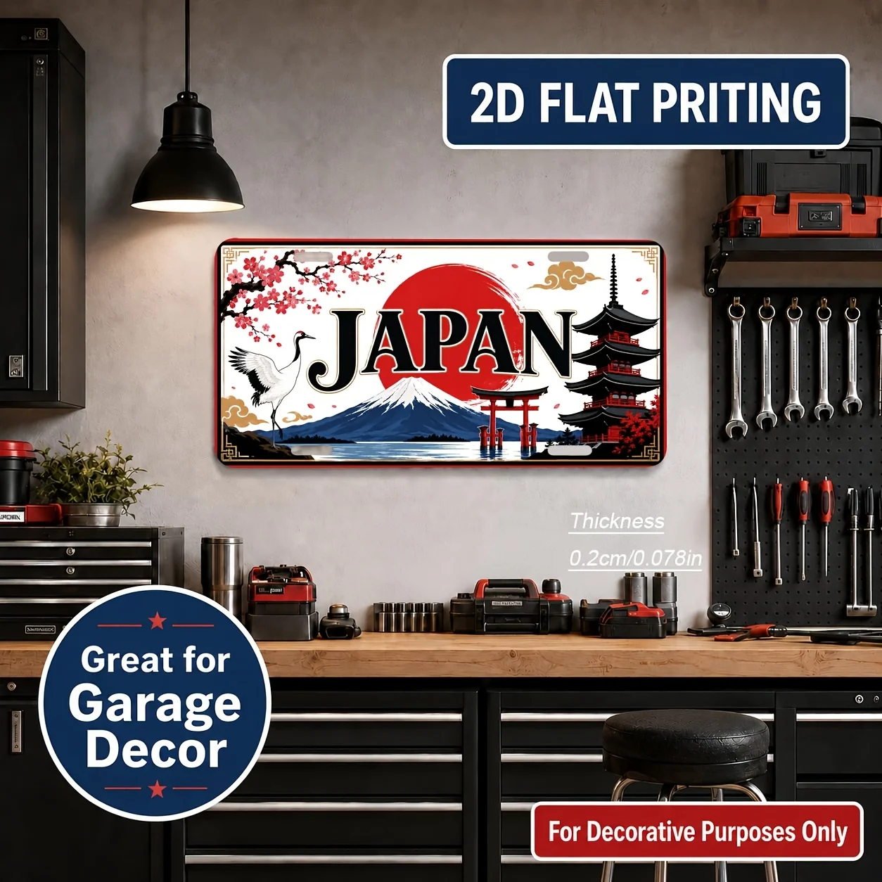 2D Flat, [2D Flat] 2D Flat Print, 1pc, Japanese-Style Cherry Blossom and Torii Gate Themed Vintage License Plate, Home Decor, Bi