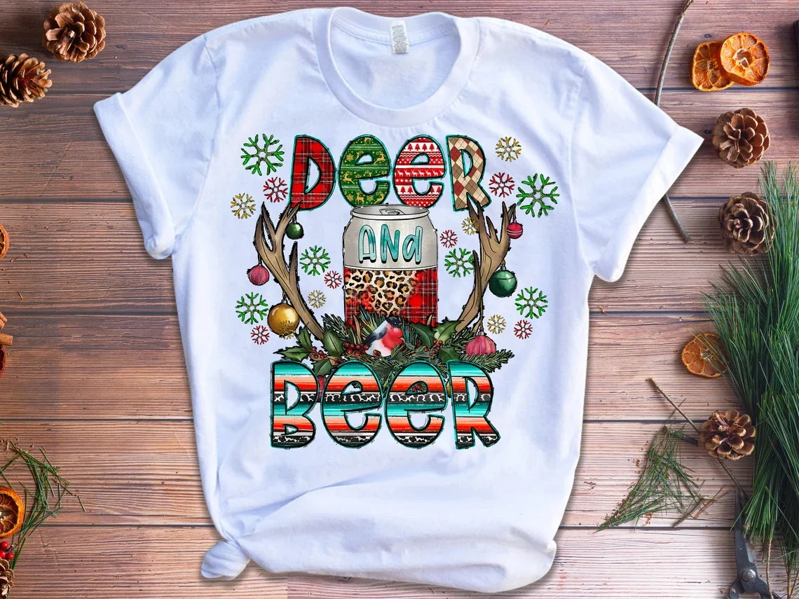 Deer And Beer Graphic Print Tshirt Girls Marry Christmas Gift Snowflake T Shirt Femme Dinosaur/Dog T-Shirt Female Streetwear