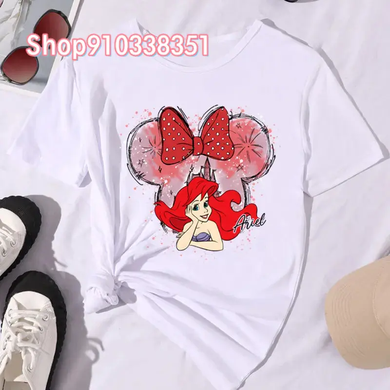 Pequena Sereia Ariel das Mulheres T-shirt Estampada Dos Desenhos Animados, Decote O, Manga Curta, Solta, Princesa, Kawaii, Doce, Branco, Casual