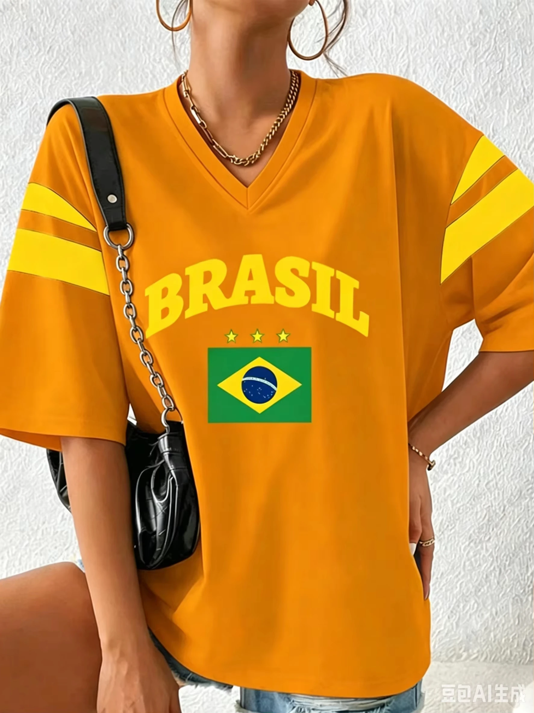 Summer Fashion Brazil Style T-Shirt Patchwork V-Neck Short Sleeve Tees Sports Football Jerseys Y2K Street Tops Family Matching