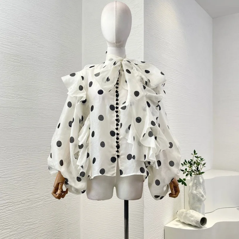 Linen slink 2024 New Summer women high quality white dot print long sleeve ruffles blouse top