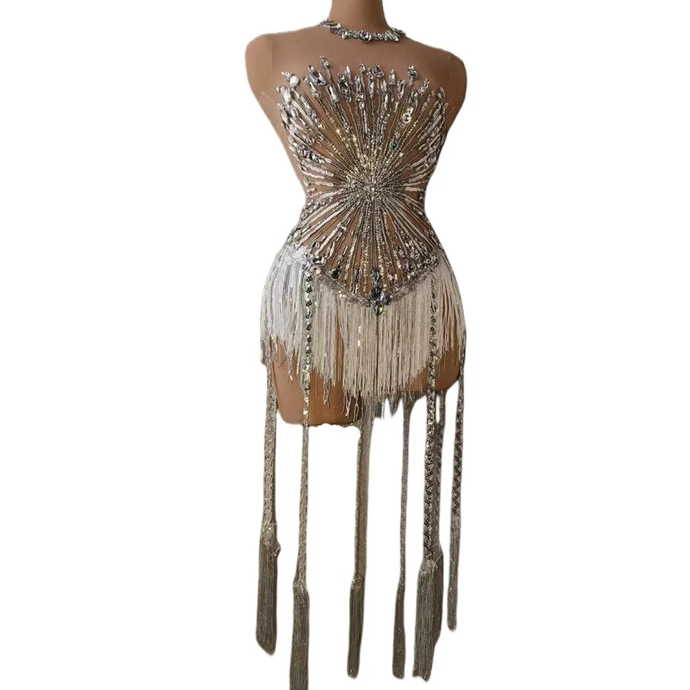 

Women Sexy Mesh Rhinestone Dress Sparkly Rhinestones Sequins Fringes Leotard Birthday Celebrate Party Show Wear