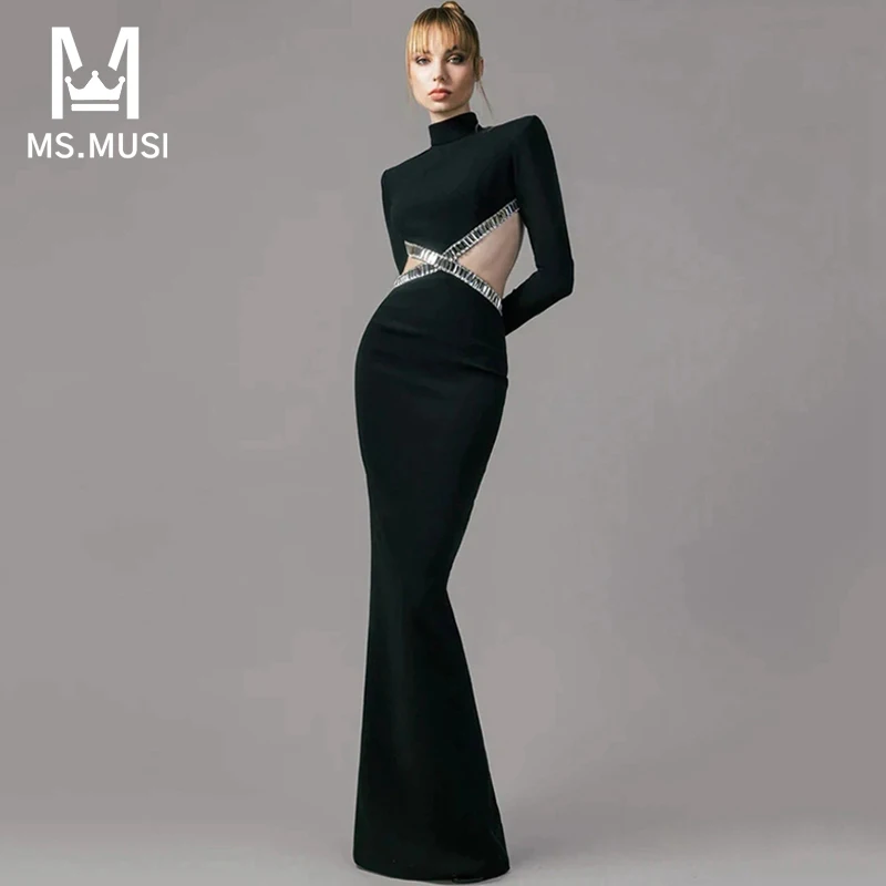 

MSMUSI 2024 New Fashion Women Sexy Diamond Crystal Sequins Hollow Out Bandage Long Sleeve Backless Bodycon Party Maxi Dress Gown
