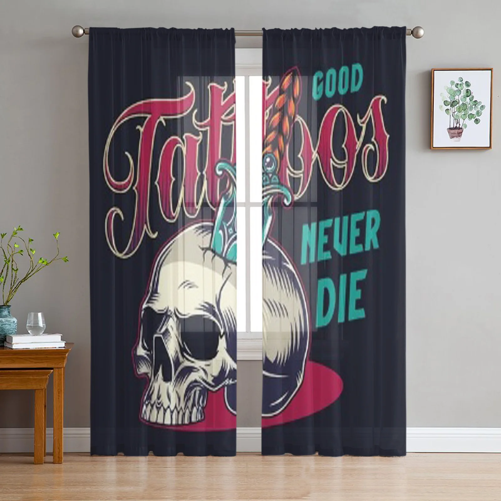 Tattoo Salon Vintage Colorful Skull Chiffon Sheer Curtains for Living Room Bedroom Decoration Window Voiles Tulle Curtain