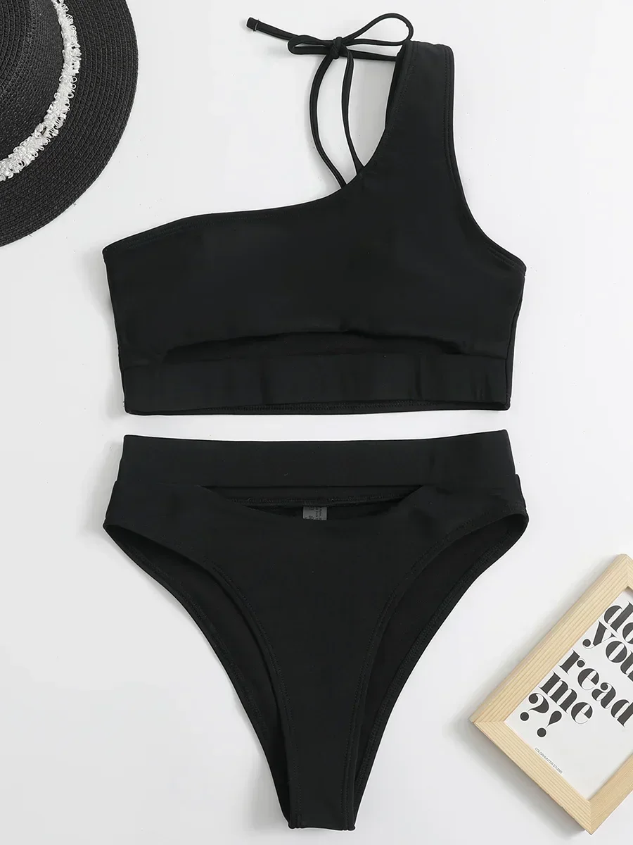 Sexy One Shoulder Bikinis High Waist Bikini Women Swimsuit Female Swimwear Two-pieces Bikini Set Tummy Cut Out Bathing Suit Swim