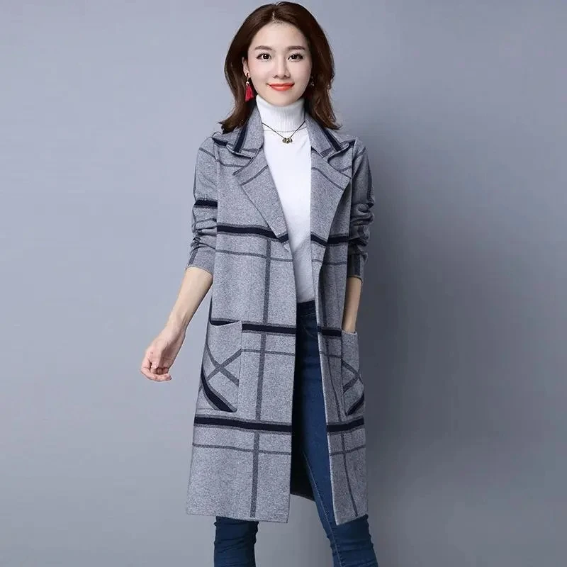 

SpringAutumn Women Plaid Woolen Jacket Mid Long Casual Blazer Collar Wool Female Coat Single Breasted Outerwear Ladies Overcoats