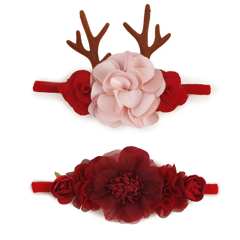 1or2or3pcs Autumn Winter Sweet Baby Christmas Style or Birthday Party Elk Flower Beauty Red Rose Cute Girl Hairband Handmade