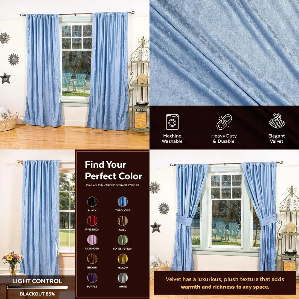 

"light blue velvet rod pocket curtains, unlined for windows and doors, 80" wide x 120" long, vintage style enhances beauty"