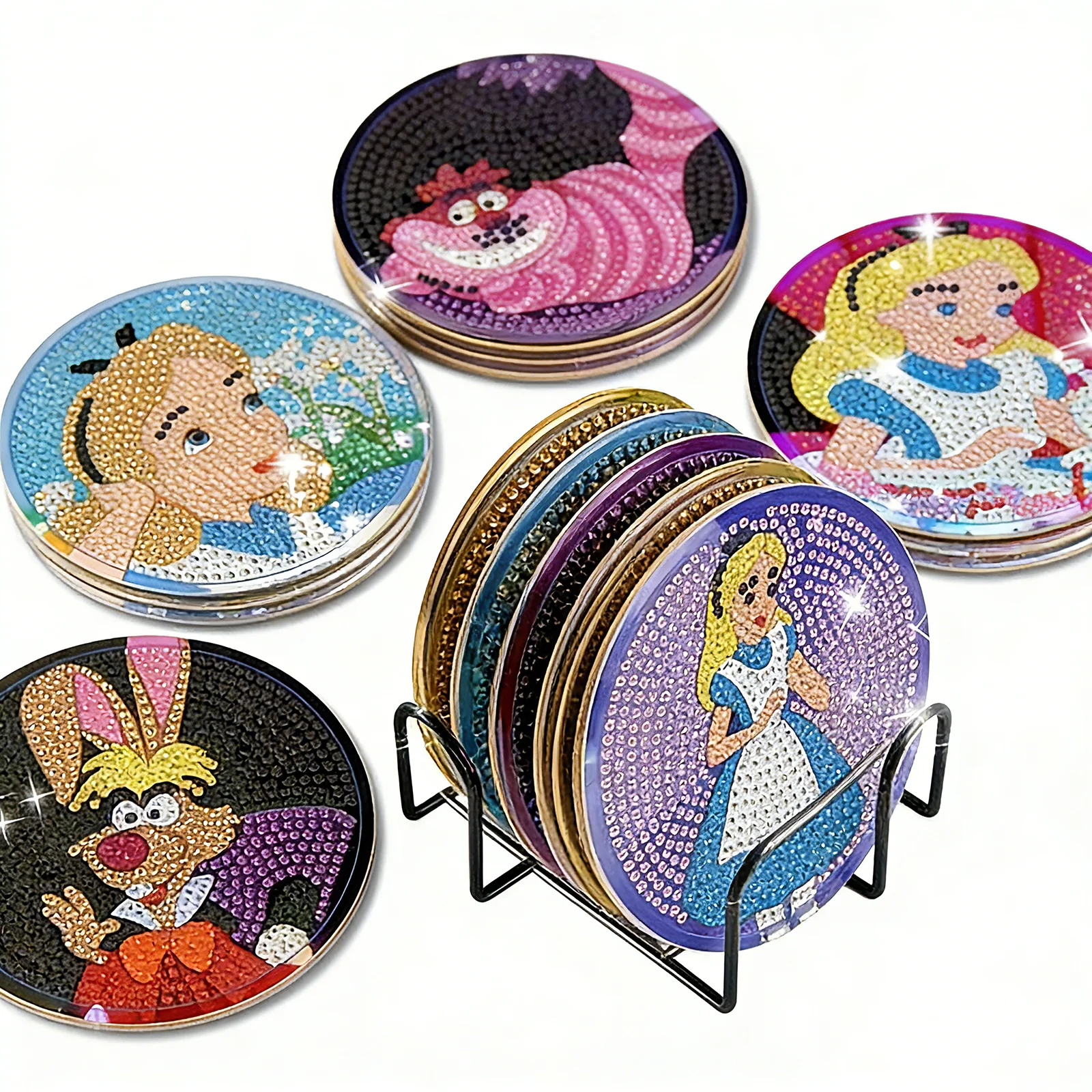 

New Arrival Alice in Wonderland DIY Diamond Painting Coasters with Holder, 8pcs Cartoon Princess Set, Creative Souvenirs