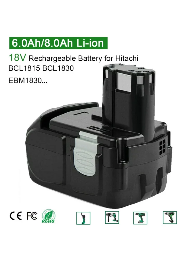Batterie Rechargeable de remplacement Li-ion 18V, 6,0 ah/8,0 ah, pour Hitachi BCL1815 BCL1830 EBM1815 EBM1830 DS18DL DH18DL C18DL DV18DL