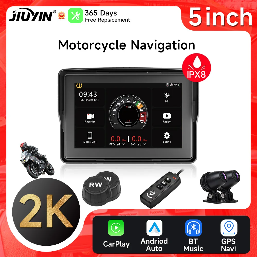 

JIUYIN 5" inch Motorcycle Navigation 2K IPX8 Wireless CarPlay Android Auto Airplay Display Screen Motorcycle Monitor BT Wifi