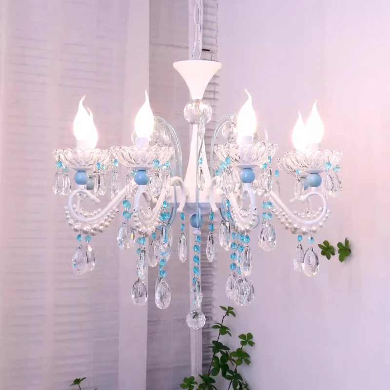 French Dream Blue Crystal Chandeliers Girl Bedroom Lamp Modern Romantic Warm Children's Bedroom Princess Room Crystal Chandelier