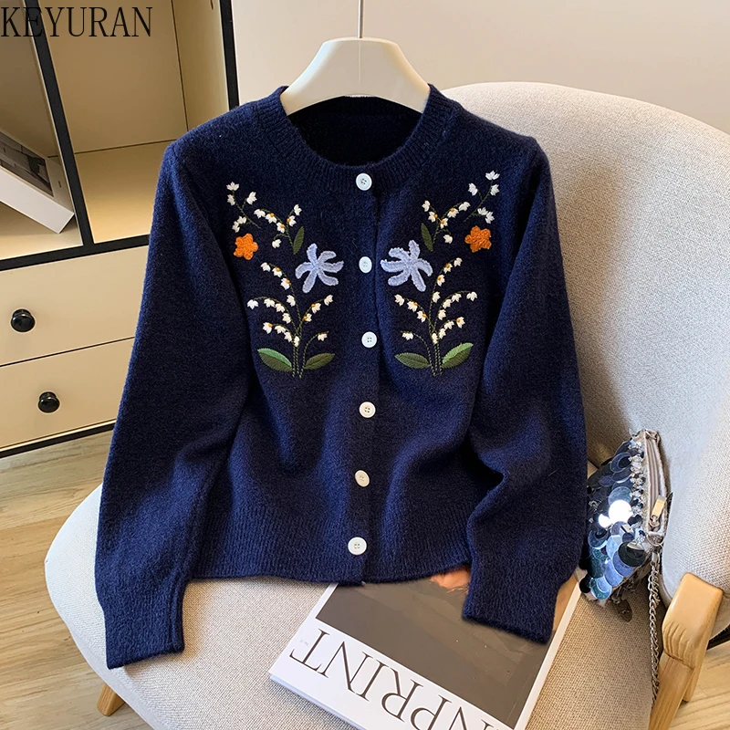 

Chic Flower Embroidery Knitted Cardigan Sweater Coats Women Clothing 2025 Autumn Vintage Single Breasted All Match Knitwear Tops