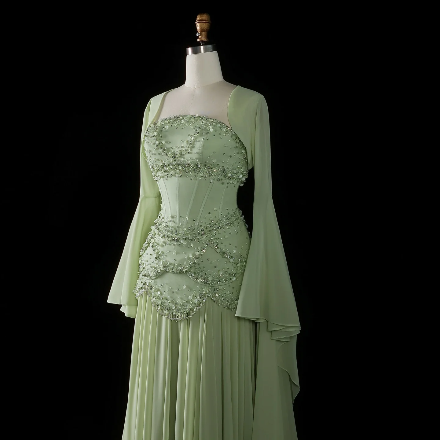 Sharon Said Elegantes Weißes Zweiteiliges Abendkleid mit Futter aus Chiffon mit Jacke, ausgestellten Ärmeln, Luxus SS286, maßgeschneidert – Detail 12