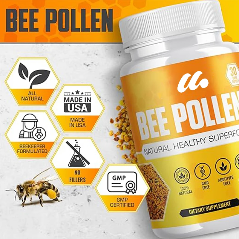 %100 natural bee pollen granule capsules, containing vitamin B, antioxidants, minerals, and protein. Non GMO