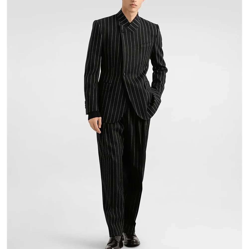 

New Autumn Men's Suit High Quality Striped Single Breasted Stand Lapel Business Casual Outfit Slim Fit Office Male Blazer Set