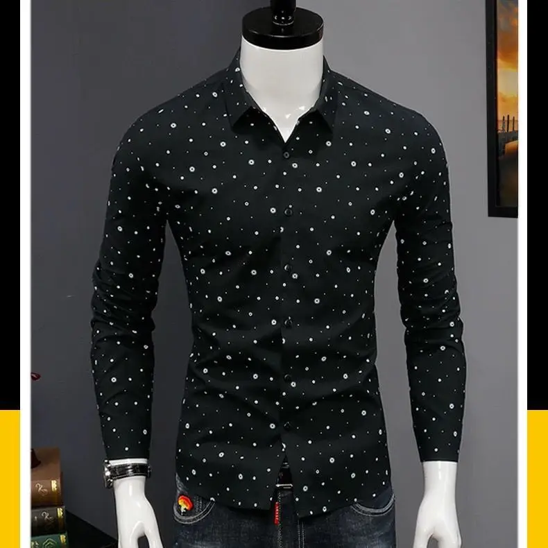 Spring Autumn Male Polo-neck Polka Dot Printed Casual Shirt Hombre Long Sleeve Fashion All-match Buttons Blouse Top Men Cardigan