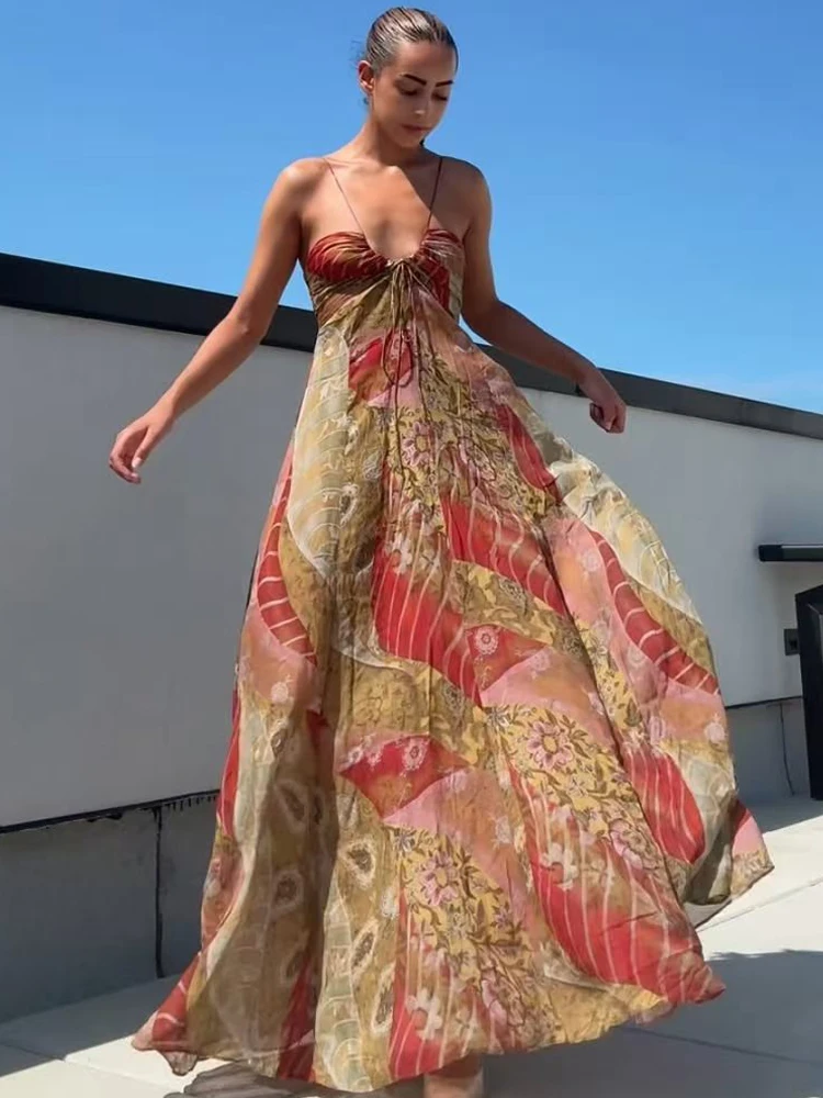 HXAO Print Slip Dress Womens Dresses Summer 2025 Boho Floral Sleeveless Backless Dress Sexy Ruffled Lace-Up V-Neck Maxi Vestidos