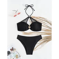 Mesh Halter Micro Bikini 2025 Brazilian Biquini Bandeau Black Thong Swimsuit Women Beach Bathing Suit Swimwear Female Summer