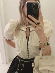 Splices Women Puff Sleeve Shirt Tops V-Neck Slim Embroidery Lace-Up Summer Ner 2024 Ladies Fashion Blouse