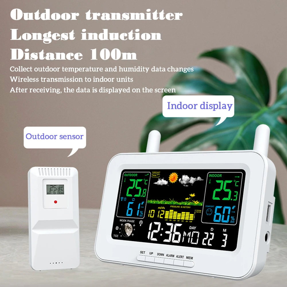 Digital Weather Station Clock for Indoor and Outdoor, Weather Forecast Barometer, Thermometer, Hygrometer with Wireless Sensor