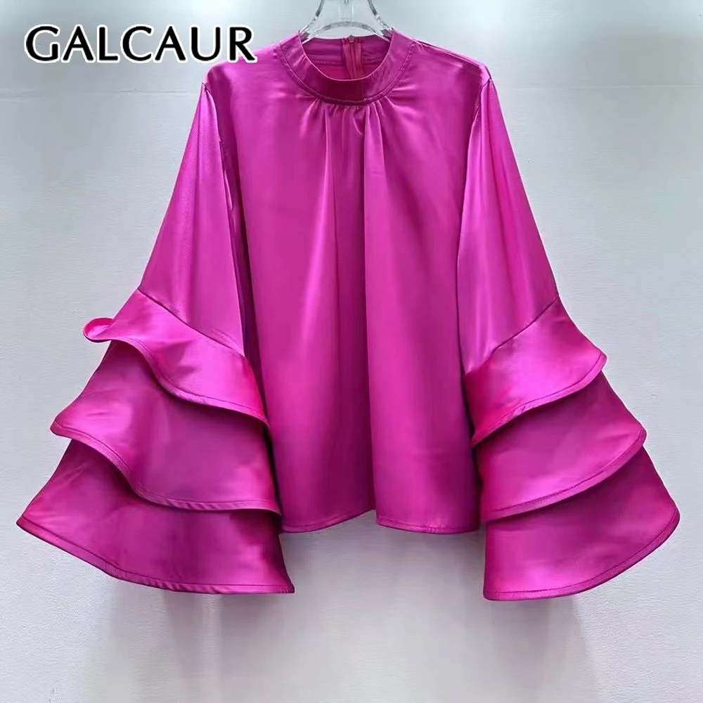 

GALCAUR однотонная рубашка с оборками, шикарная женская рубашка с круглым вырезом и расклешенными рукавами, свободные темпераментные женские рубашки, осенний новый стиль, мода