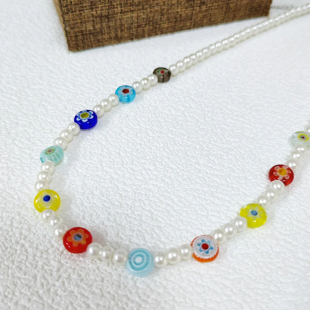 1pcs Xiaomi Pearl Colored Flower Glass Necklace with Women's Design, Personalized, Small and Fresh Clavicle Chain