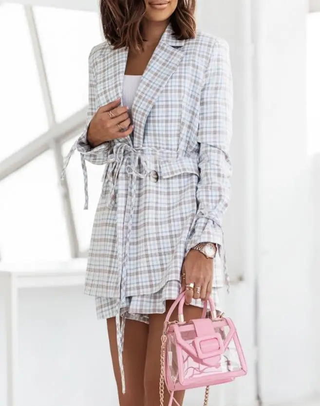 Women's fashionable plaid top with printed lace up details, long sleeved suit 2024 elegant Wuman coat top, women's clothing