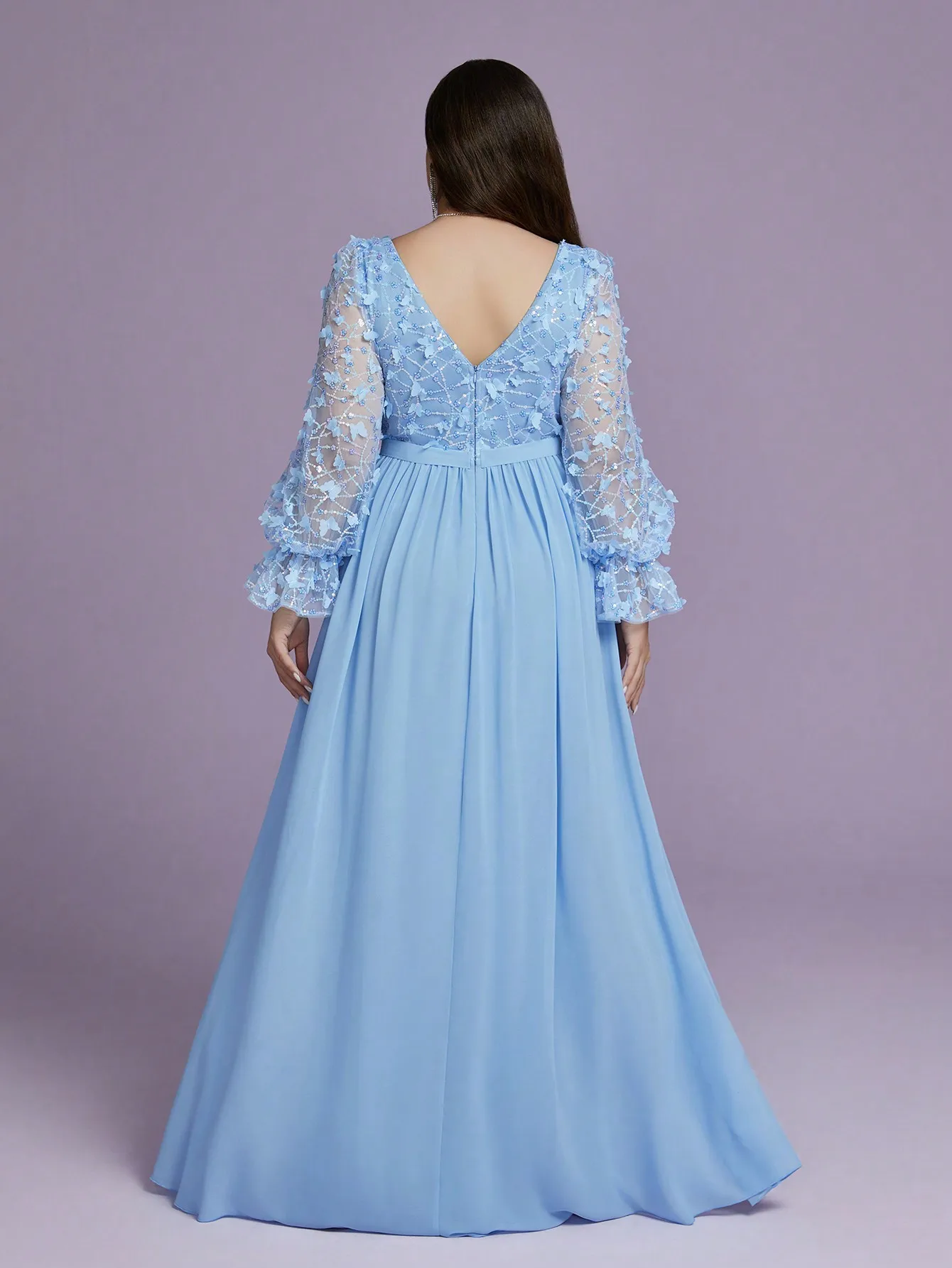 Vestido de noche de alta gama de gasa con perlas y dobladillo de manga larga con lentejuelas y mariposas con estampado de llamas y cuello Mgiacyv