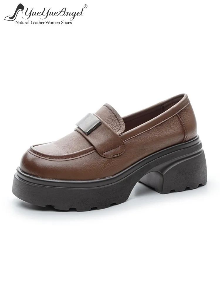 Women Cowskin Genuine Leather Pumps Slip On Casual Office Ladies Platform Loafers Round Toe Vintage Lightweight Walking Shoes