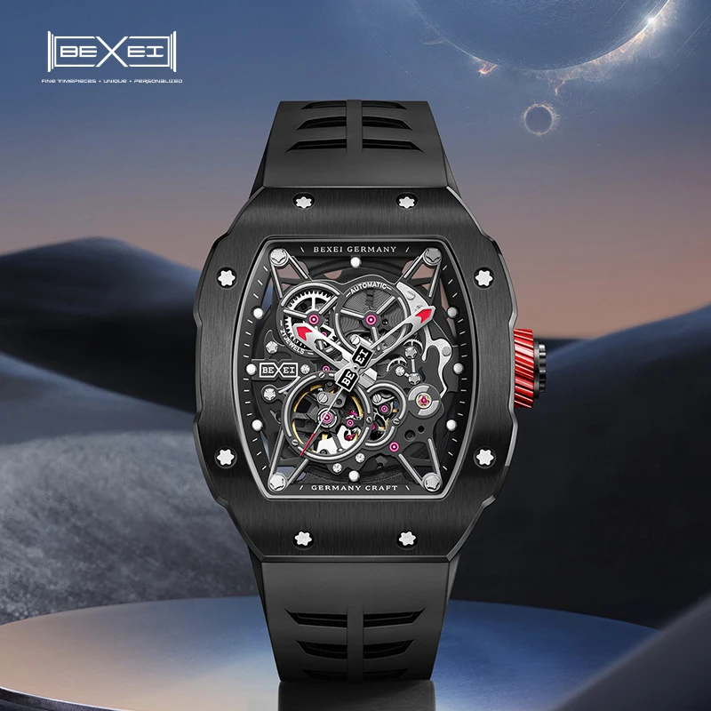 BEXEI 2025 Механические часы для мужчин 316L Автоматические скелетонные синтетические сапфировые водонепроницаемые роскошные деловые наручные часы