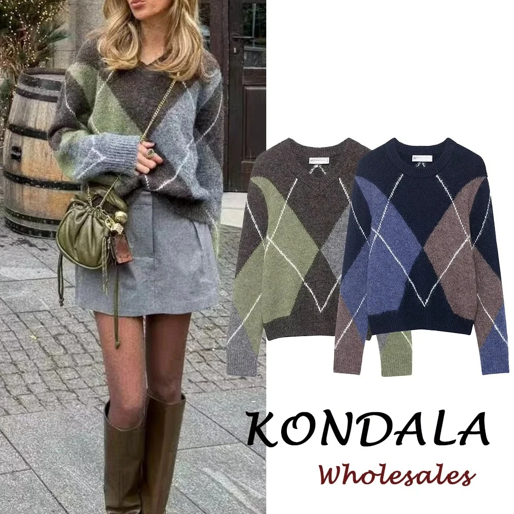KONDALA Chic 2026 Karierter Streetwear O-Ausschnitt Damen Strickwaren Mode Pullover Rautenmuster Loser Pullover Locker Sitzende Damenpullover