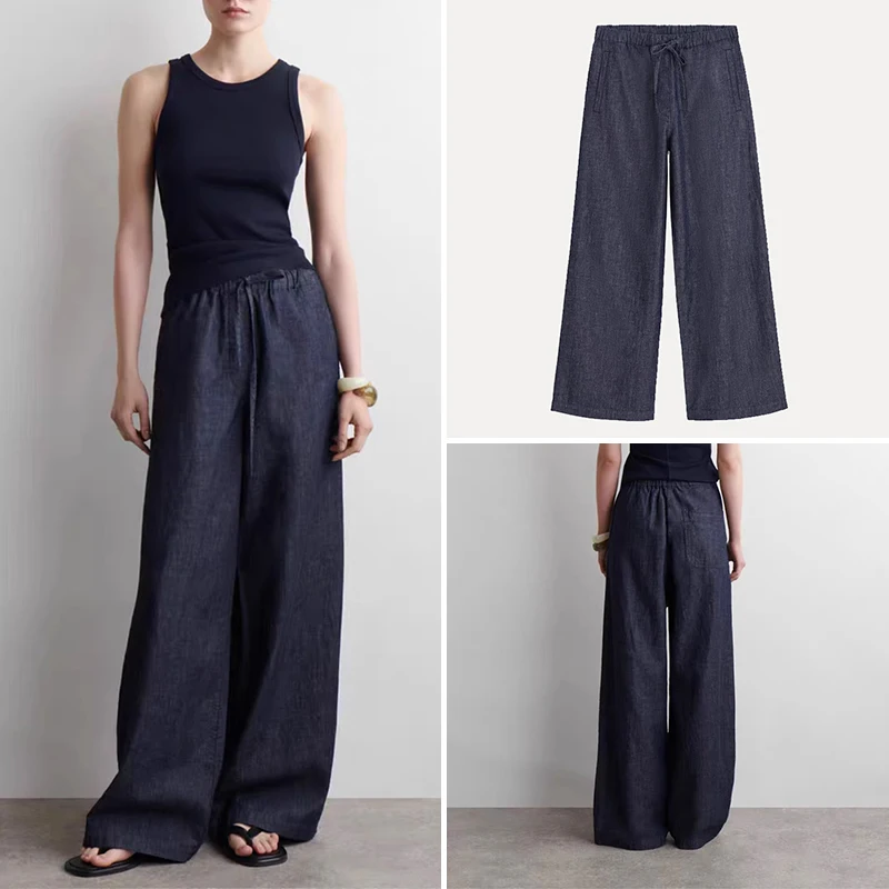Letnie spodnie damskie z szerokimi nogawkami, z wysokim stanem, prostymi nogawkami, na sznurku w pasie, codzienne, wygodne, dżinsowe spodnie, lato 2025.