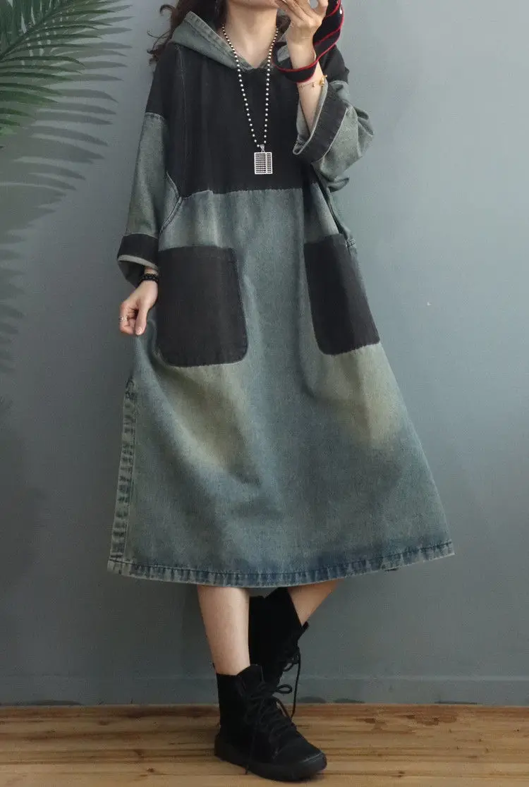 Autumn Winter Women Pullover Loose Vintage Hooded Denim Dresses 2022 European Style Casual Patchwork Long Pockets Dress Robes