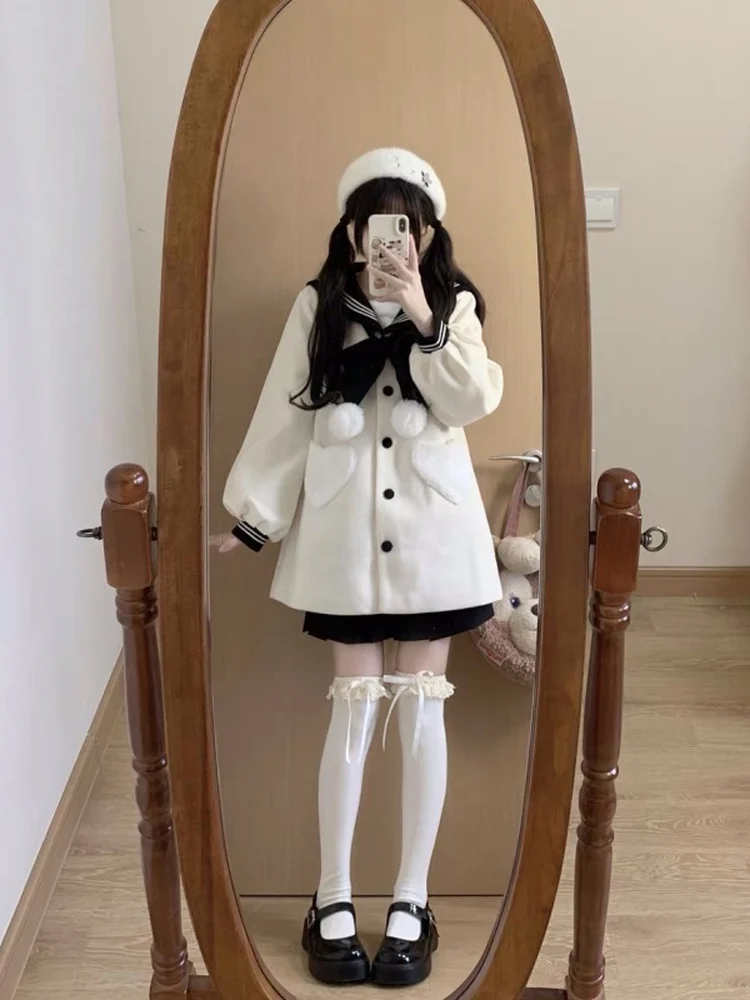 لطيف اليابانية Sle معطف طويل من الصوف البحرية طوق كلية الرياح المرأة الخريف الشتاء معطف صغير الحجم معطف قسط السيدات Faion #1