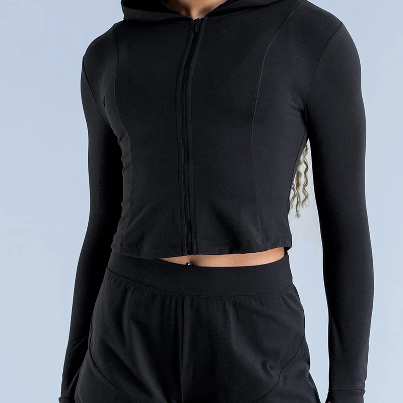 Hooded Yoga Workout Tight Fitting Long Sleeved Jacket With Waist Leakage Slim Fit And Slimming Short Running Jacket Yoga Suit