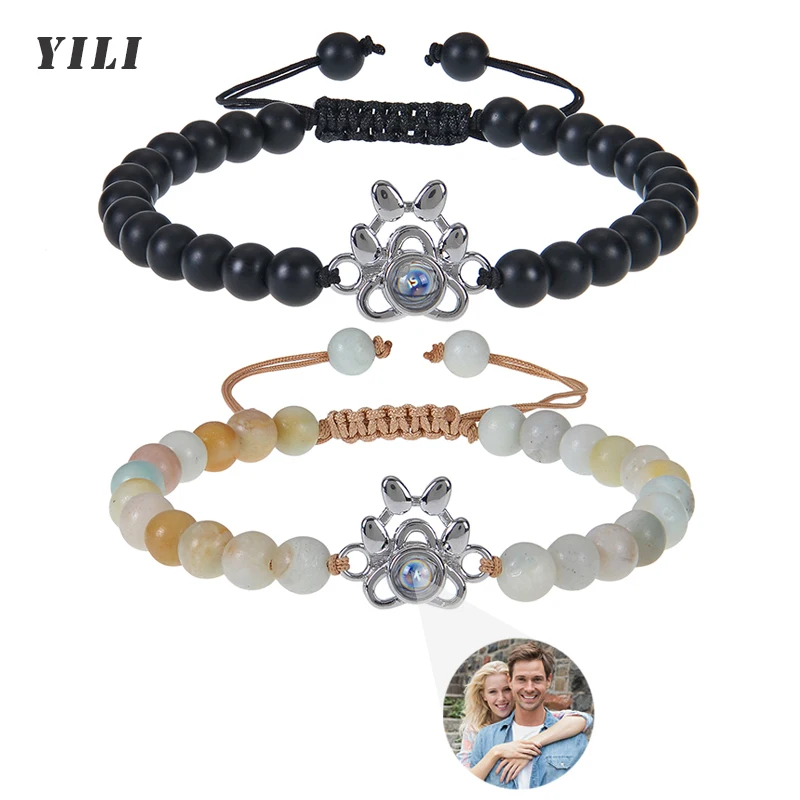 

Custom Photo Bracelet Projection Picture Bracelets Personalized Natural Stone Beaded Bracelet Pet Cat Dog Paw Bracelet for Women