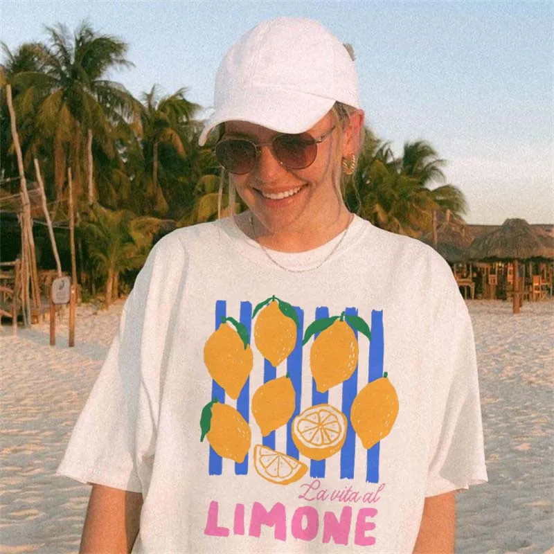 

La Vita Al Limone Graphic Printed O-Neck Cartoon New 90s T-Shirt Street Style Women's Summer Sweet Top Vacation Beach T-Shirt