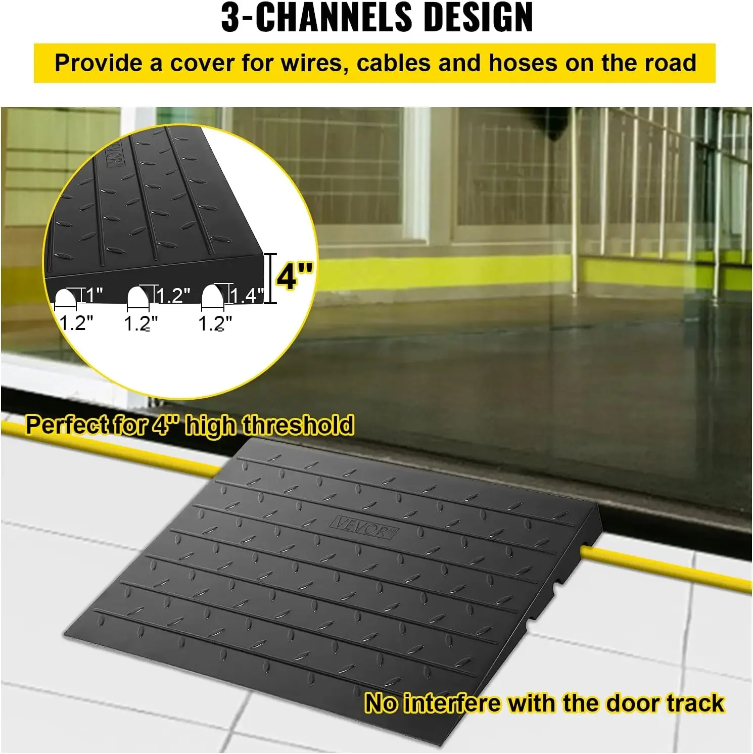 Rampa di soglia in gomma, porta con rampa di soglia rialzata da 4", copertura del cavo a 3 canali Rampa di soglia solida in gomma