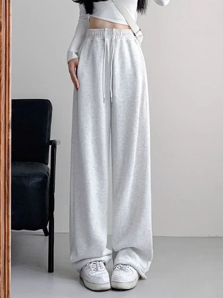 

Women Grey High Waist Straight Sweatpants Korean Casual Loose Lace Up Spodnie New Spring Fall Elastic Baggy Wide Leg Pantalones