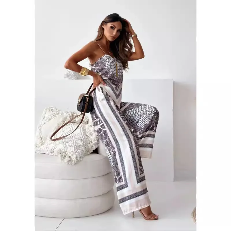 New Women's Sexy Suspender Wrapped Breastless Backless Sleeveless Geometric Printed Knotted Wide Leg Pants Suit Women's Clothes