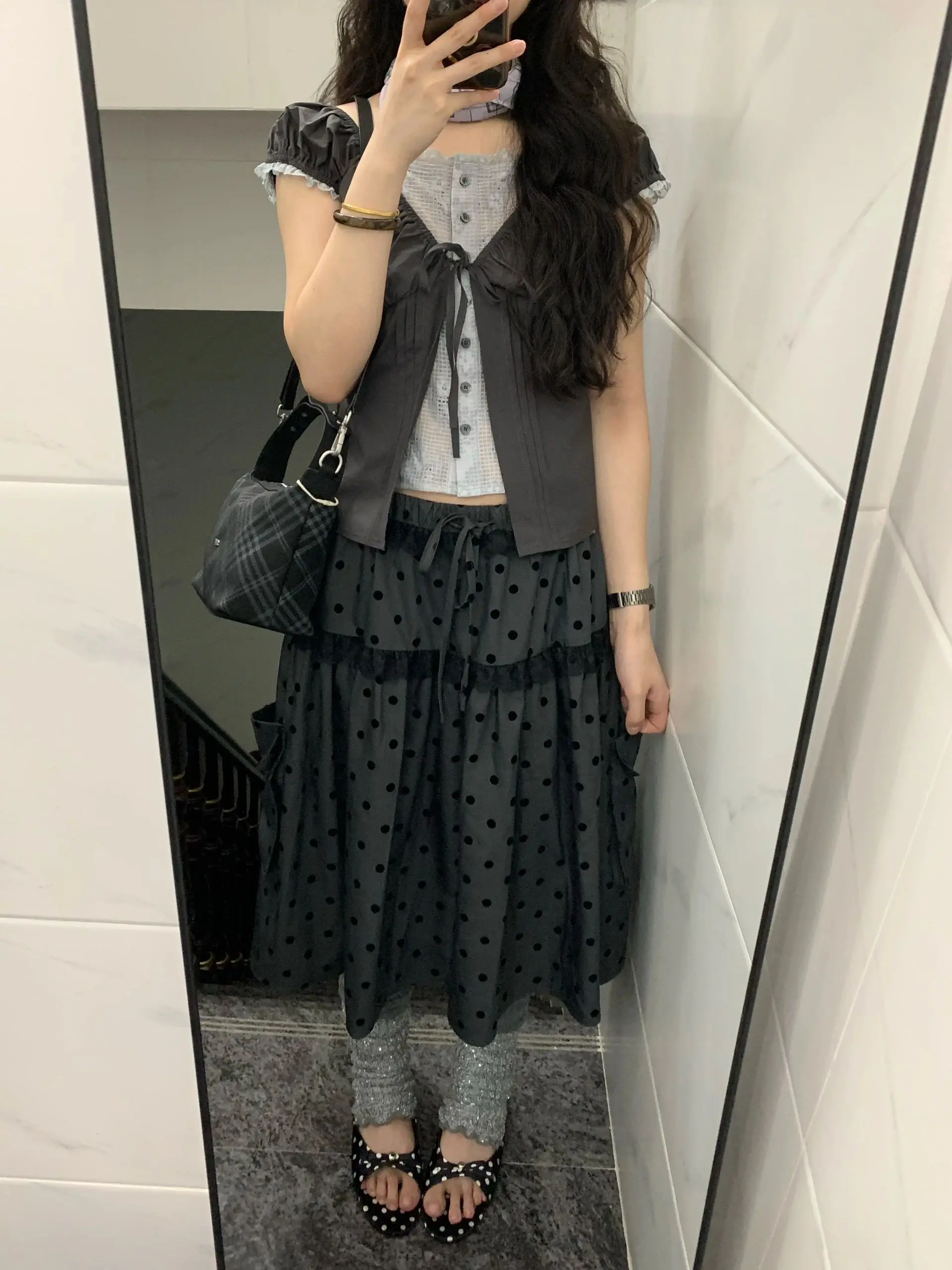 Setelan Atasan dan Rok Vintage Motif Polka Dot untuk Musim Panas, Model Patchwork, Busana Wanita Kasual, Bahan Campuran Poliester yang Nyaman dan Bernapas