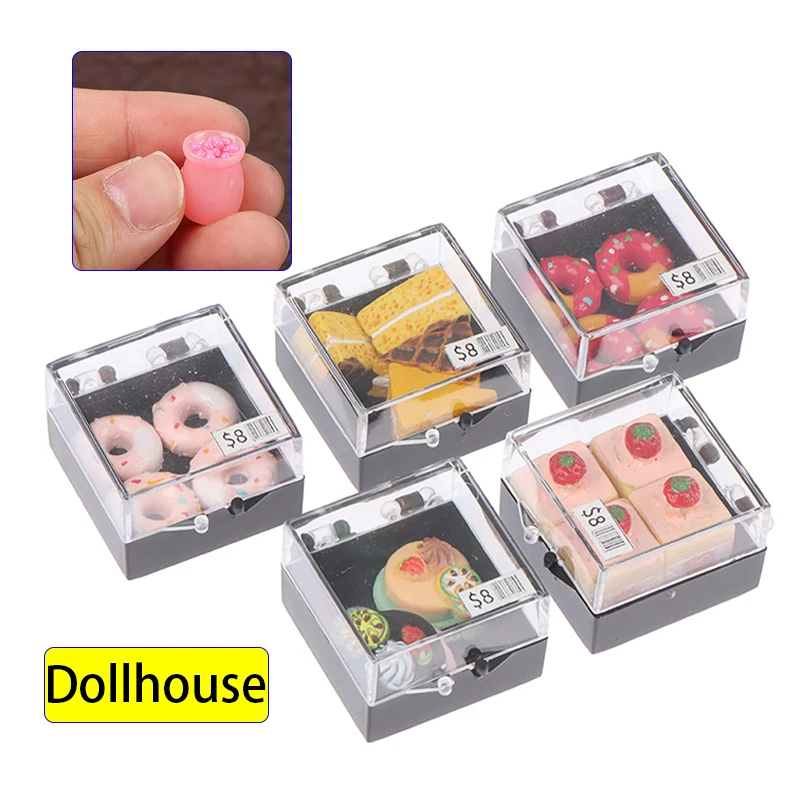 1 caja de casa de muñecas en miniatura, Donuts, pastel, postre, modelo de escena de comida en miniatura, accesorios de decoración para casa de muñecas DIY