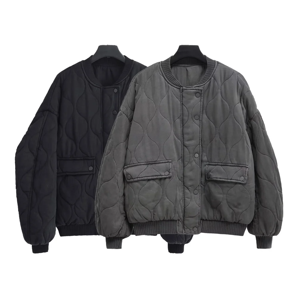 

New autumn and winter women's fashion loose stand up collar pocket washed cotton pilot jacket cotton coat